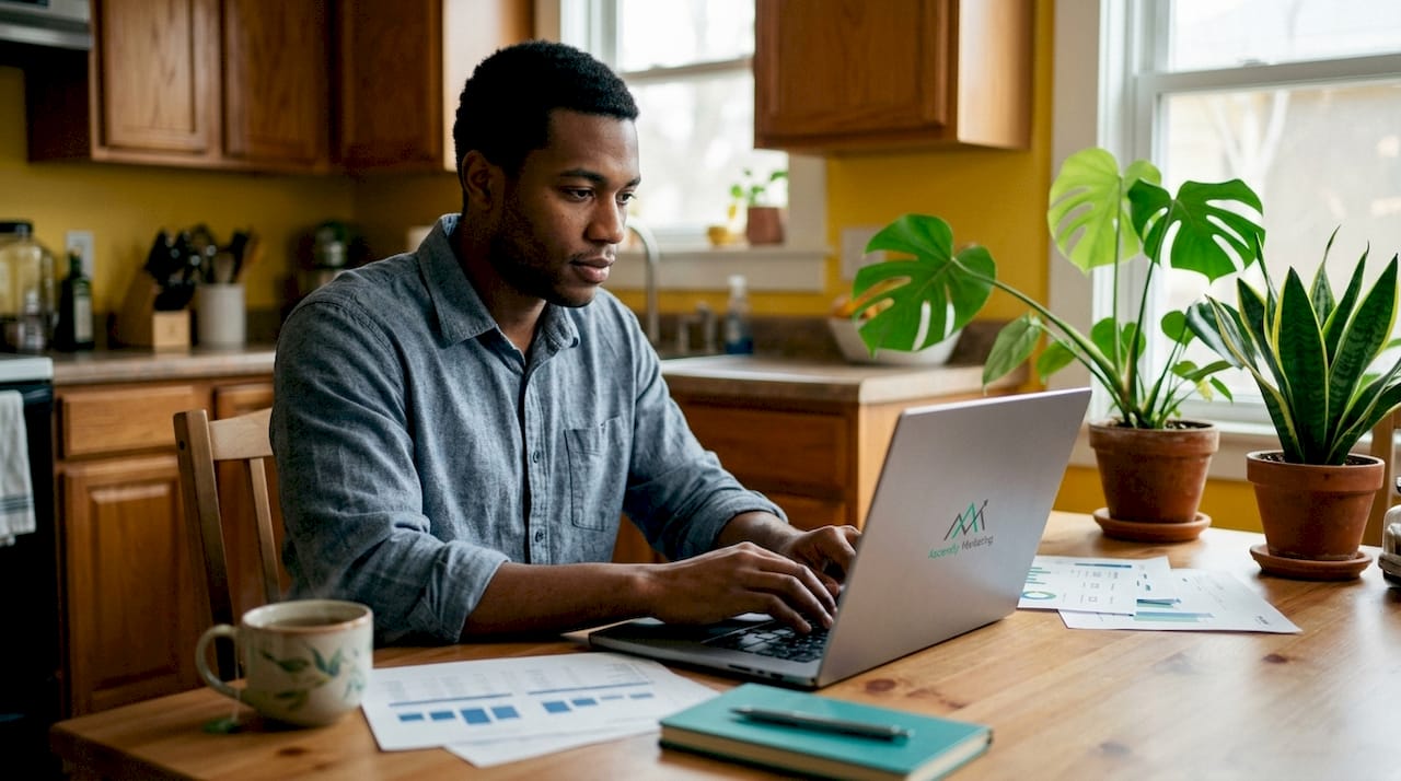 Young man working on laptop analyzing website speed