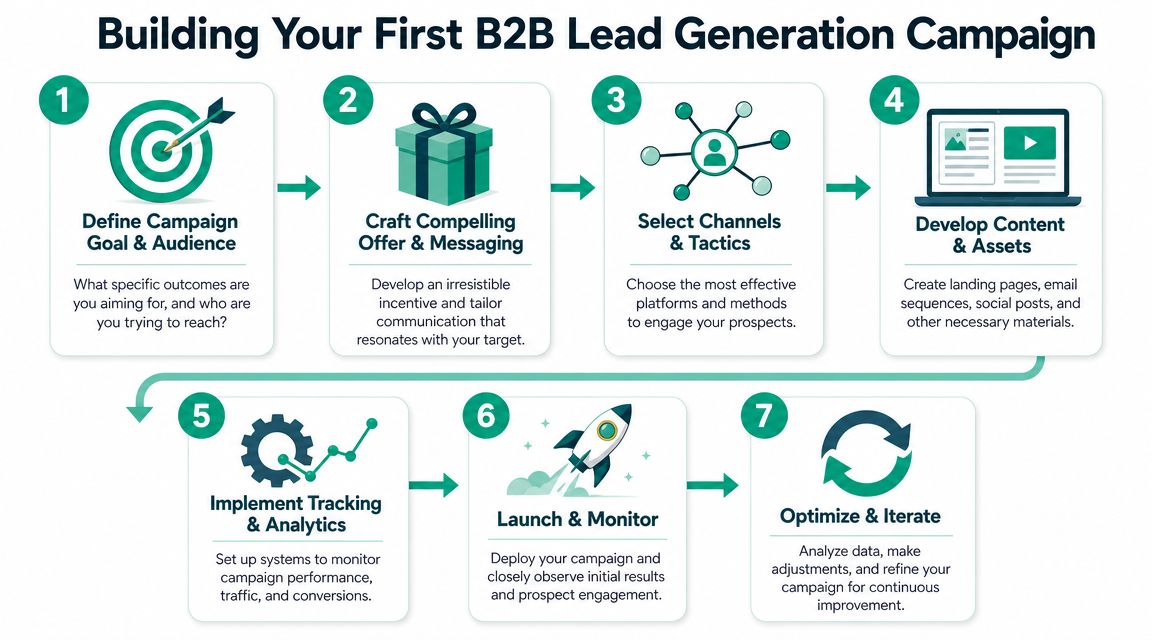 A seven-step infographic illustrating the process of building a successful b2b lead generation campaign.
