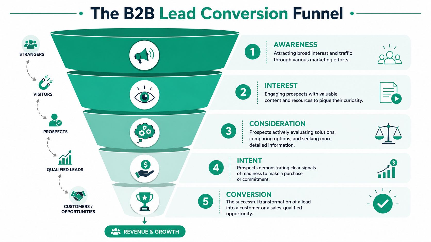 A visual guide illustrating the b2b lead conversion funnel from initial awareness to final customer conversion.