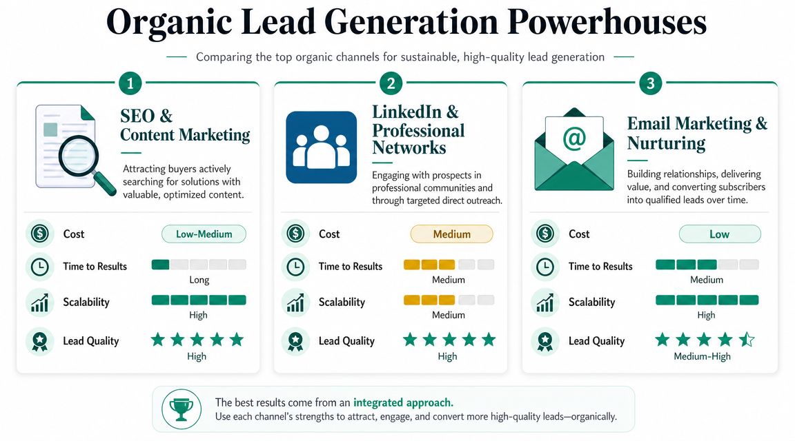 An infographic comparing seo, linkedin, and email marketing as effective channels for organic lead generation.