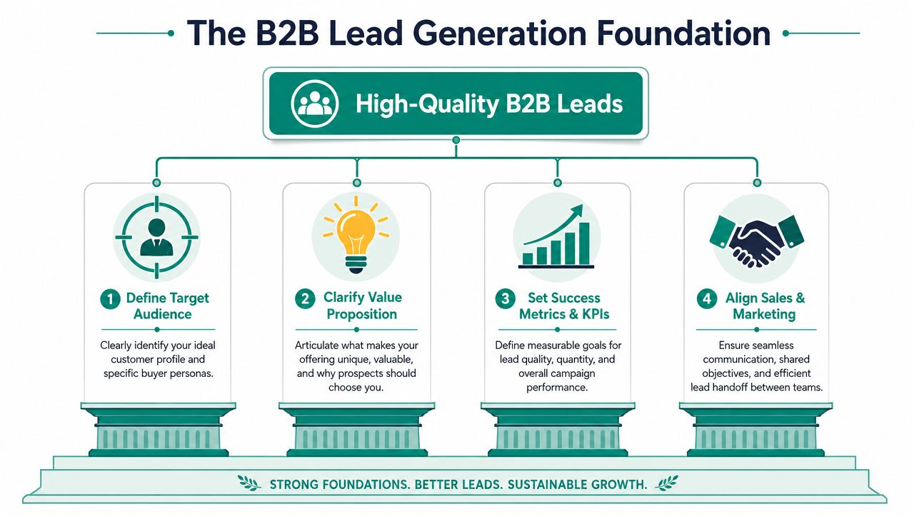 A diagram outlining the four pillars of a strong b2b lead generation foundation for business growth.