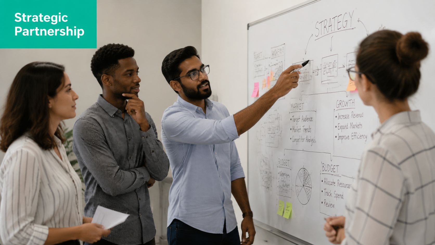 A diverse business team discussing strategic planning and growth initiatives in front of a whiteboard in an office.