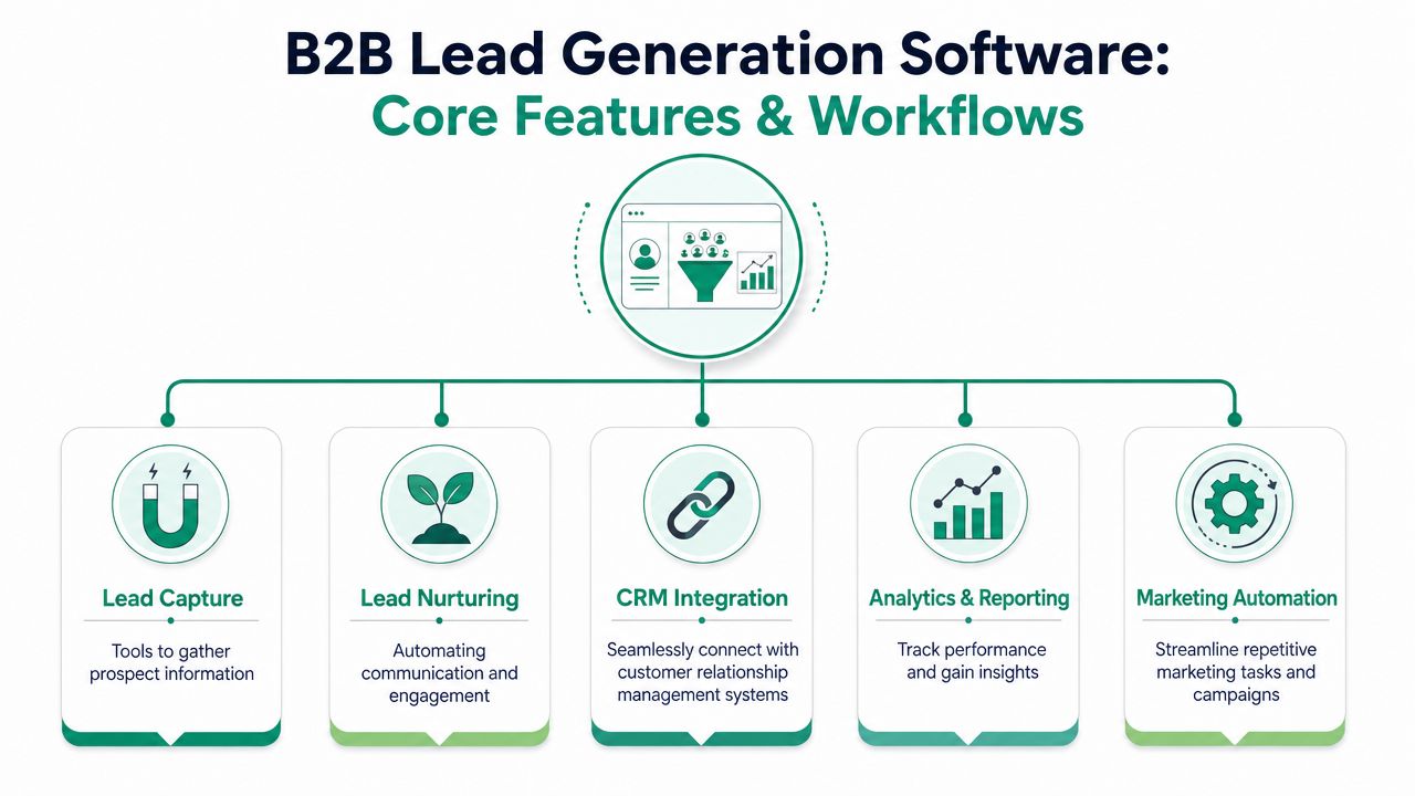A diagram illustrating the core features and workflows of b2b lead generation software including various key components.