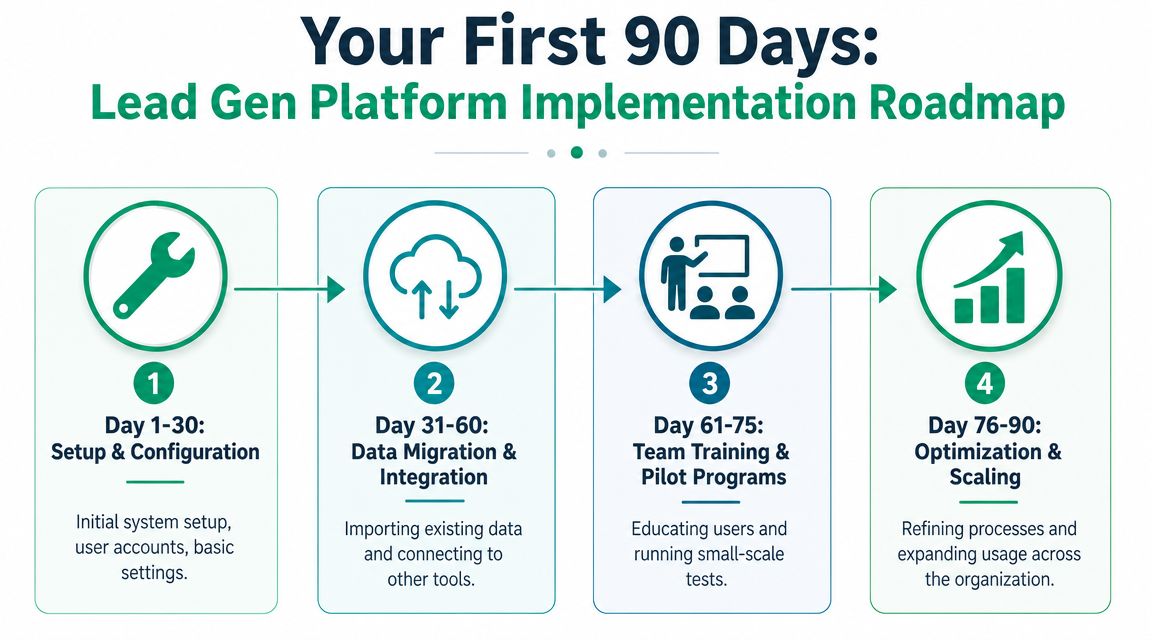 A roadmap graphic outlining four phases of lead generation platform implementation over the first 90 days.