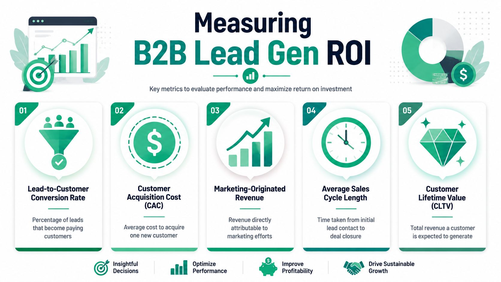 An infographic titled measuring b2b lead gen roi showcasing five key performance metrics for tracking marketing success.