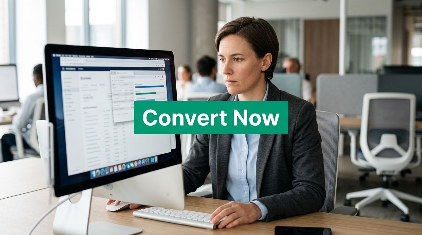 A professional woman working at a computer in a modern office, focusing on b2b lead generation software.