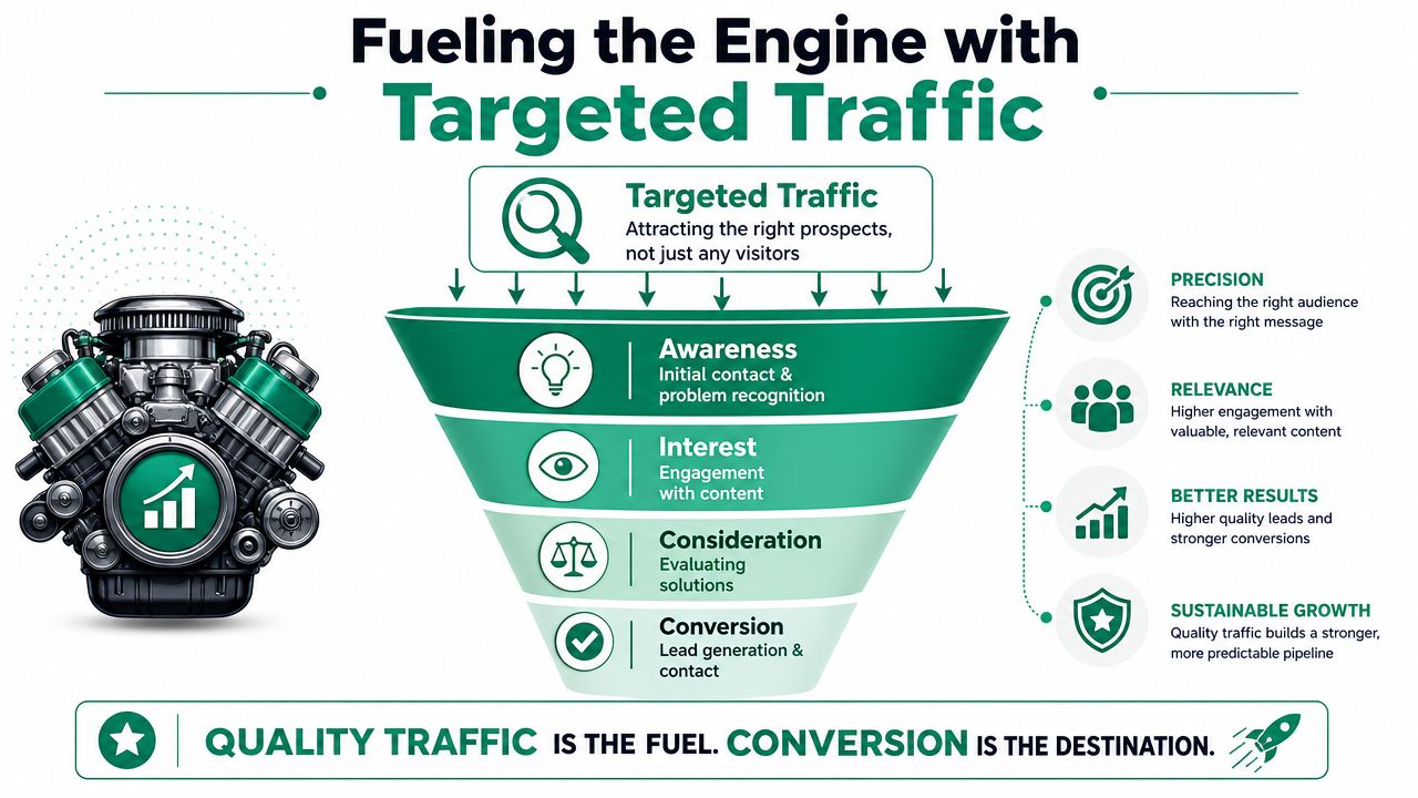 A diagram illustrating a marketing funnel fueled by targeted traffic to improve b2b lead generation results.