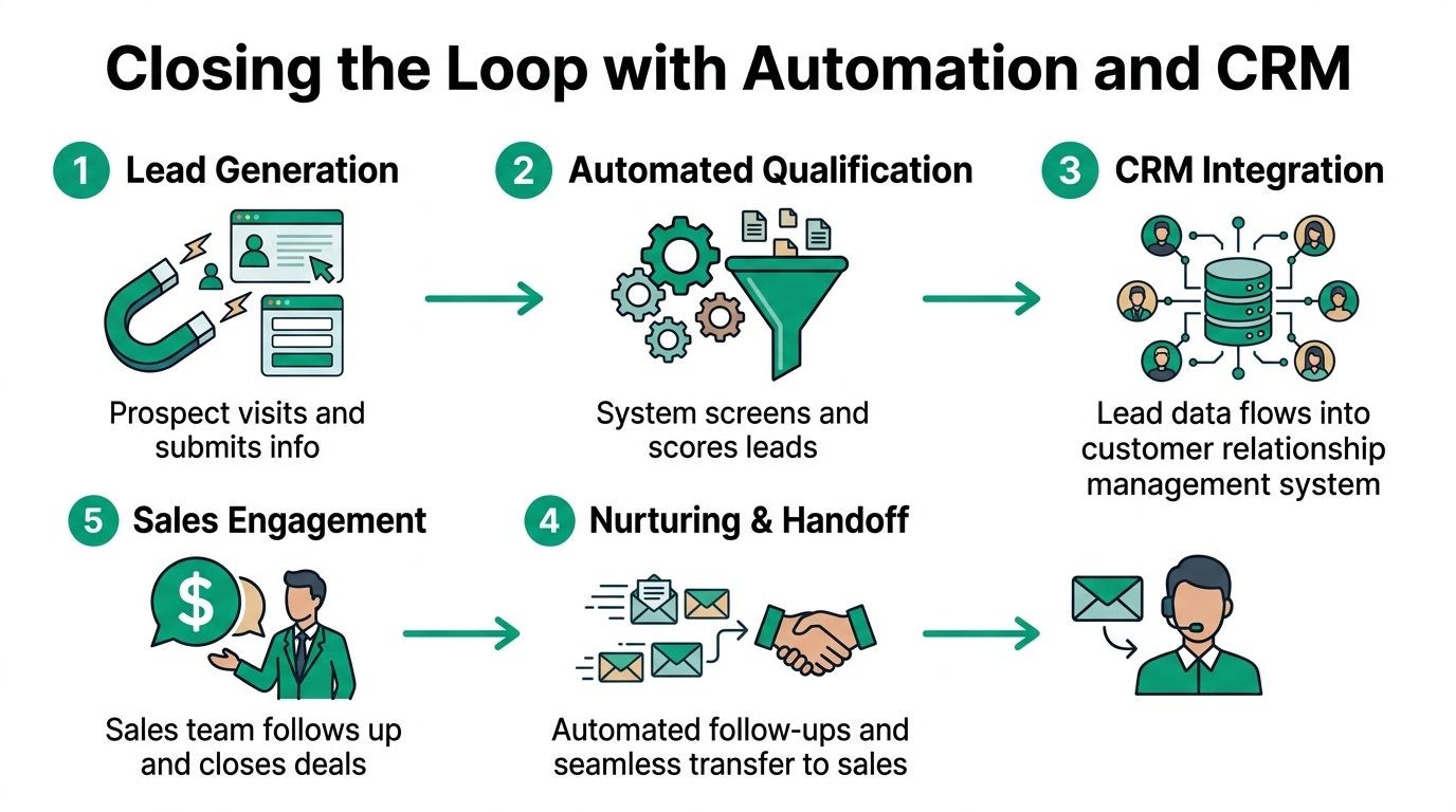 A five-step diagram illustrating the process of b2b lead generation using automation and crm integration.