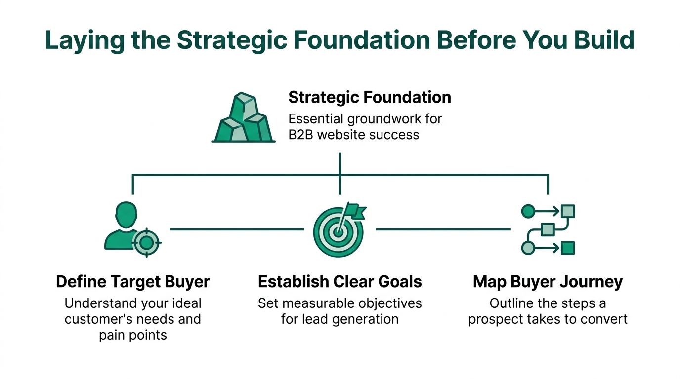 A diagram illustrating the strategic foundation steps for building successful b2b lead generation websites for businesses.