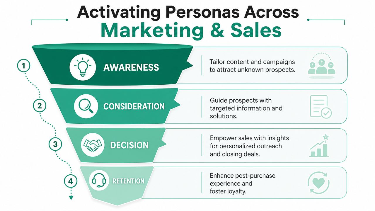 A funnel diagram illustrating the four stages of activating buyer personas across marketing and sales processes.