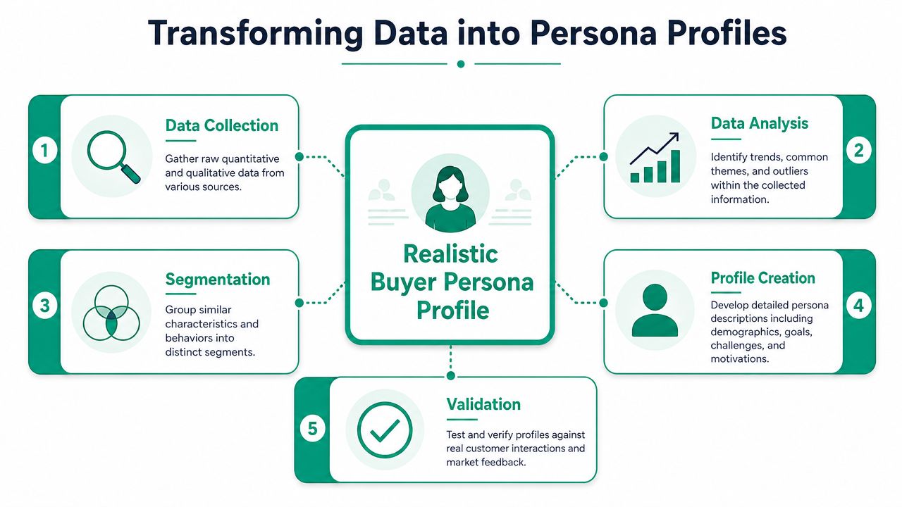 A five-step flowchart illustrating the process of transforming raw data into realistic buyer persona profiles.