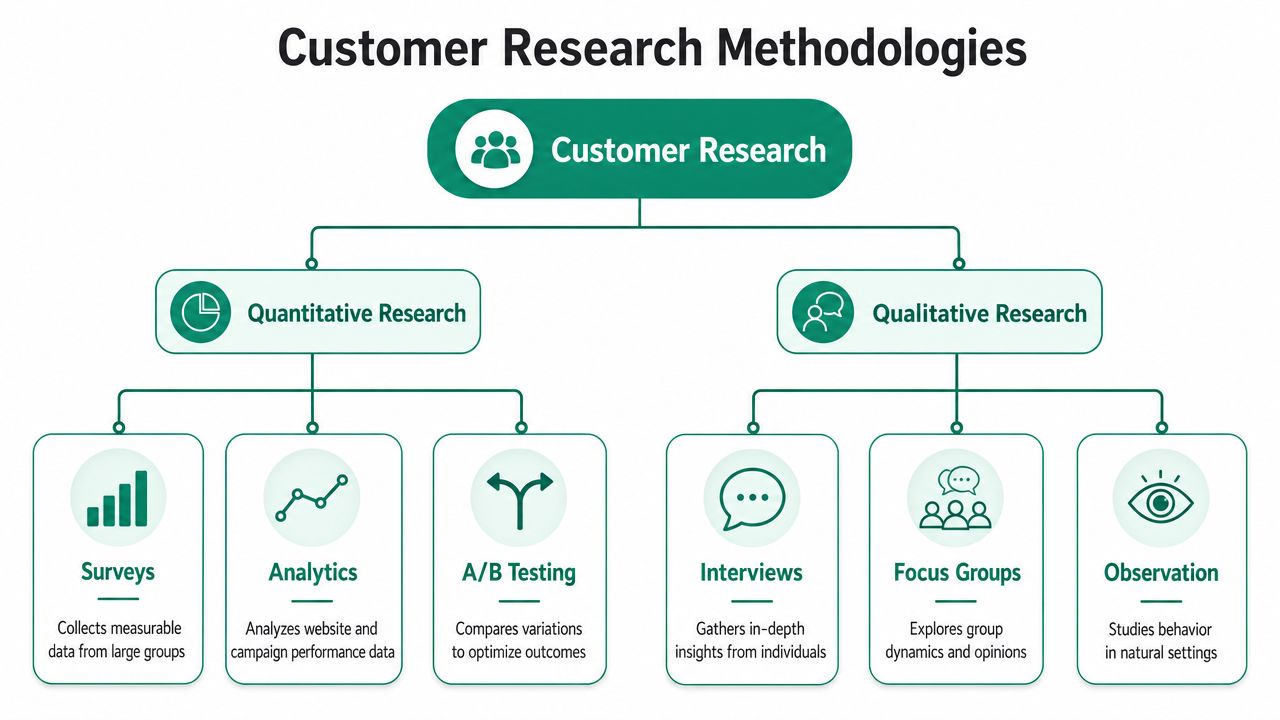 A diagram categorizing customer research methodologies into quantitative research methods and qualitative research methods with detailed explanations.