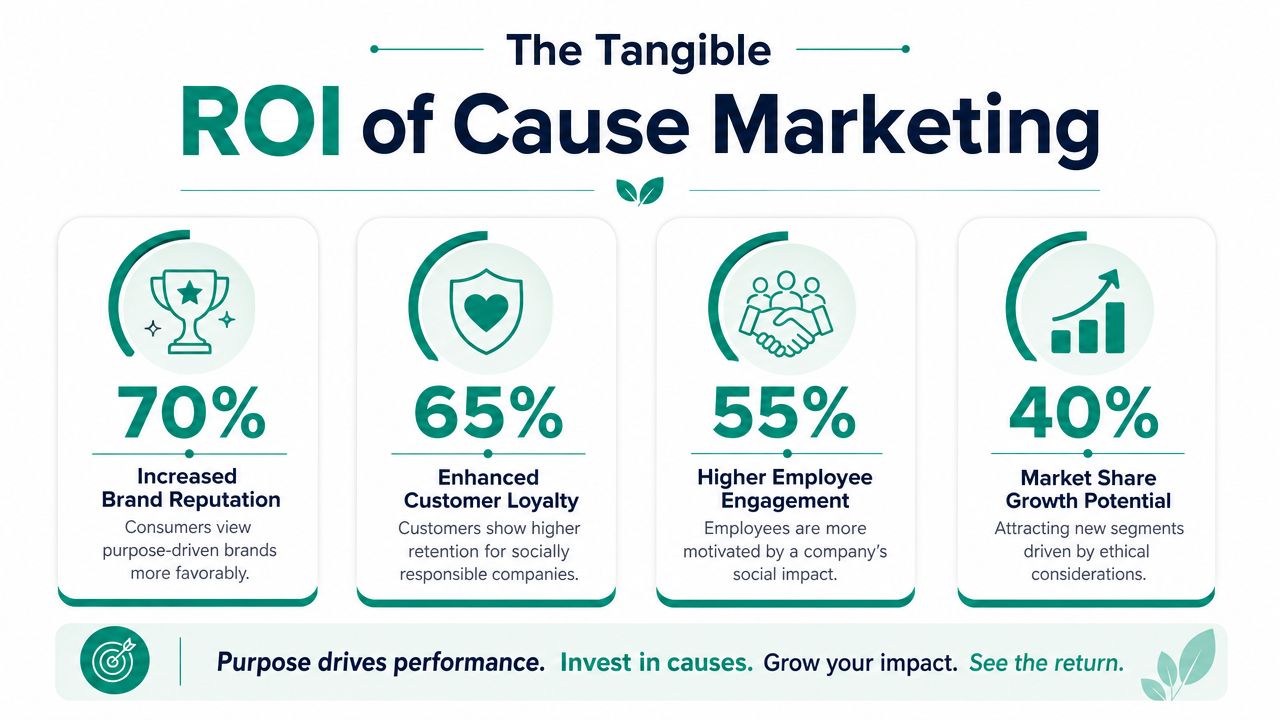 An infographic showing the four key tangible benefits and roi metrics of implementing cause marketing strategies.