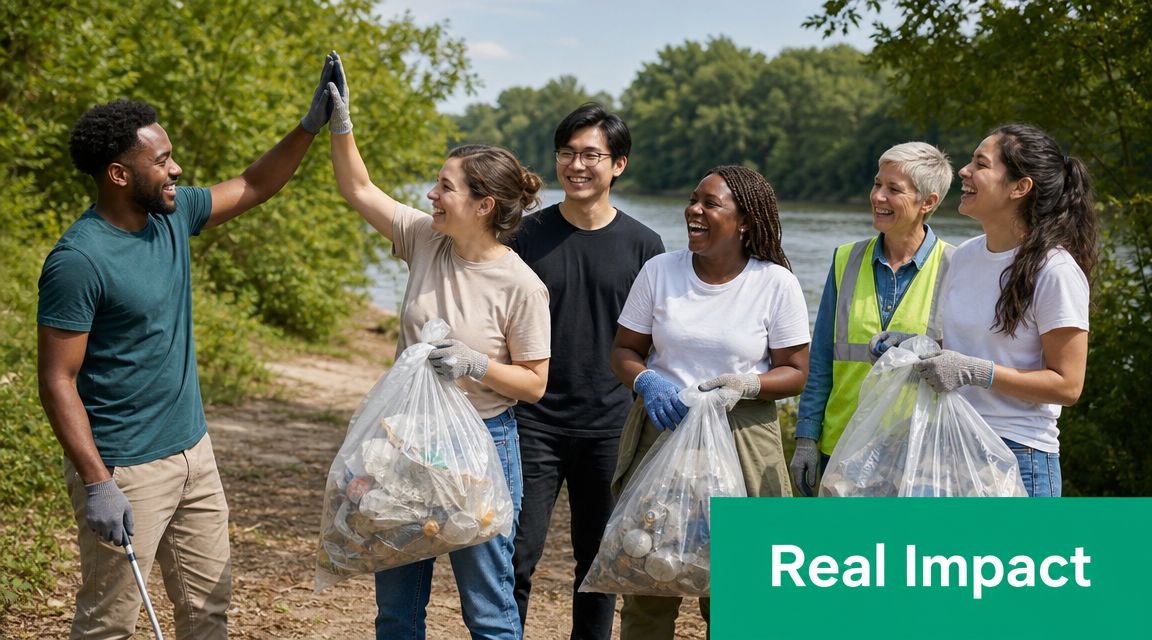 A diverse group of volunteers smiling and holding trash bags while cleaning up a riverbank area.