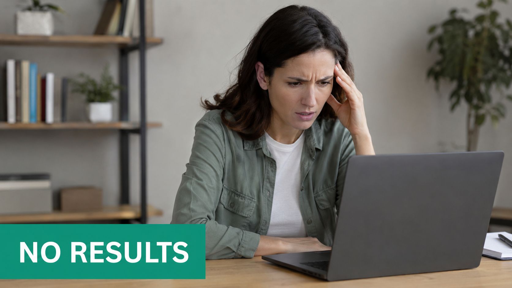 A concerned woman sitting at a desk looking at a laptop with a green no results sign.