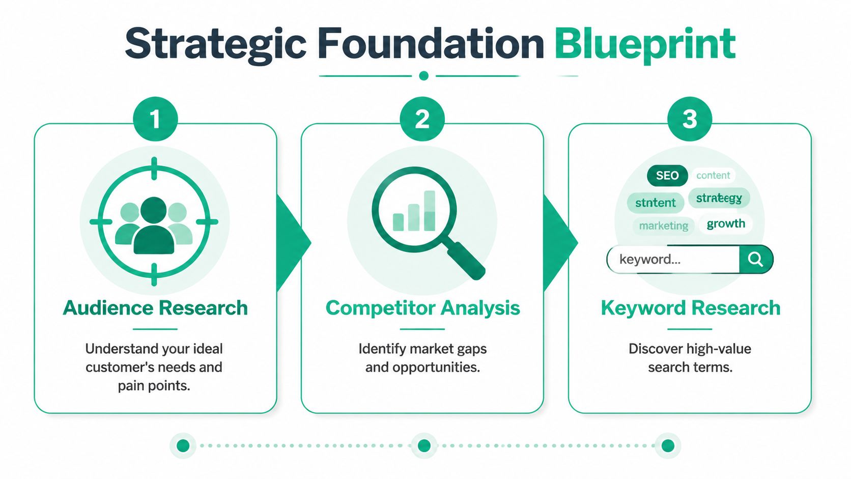 A strategic foundation blueprint infographic showing three steps: audience research, competitor analysis, and keyword research.