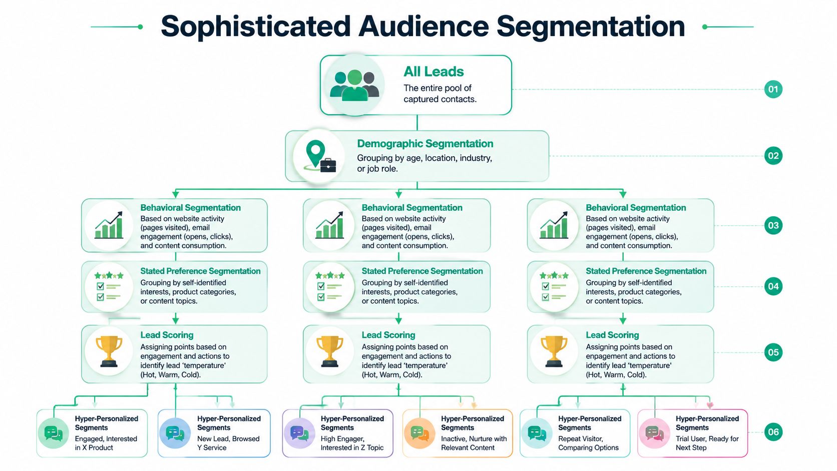 A flow chart illustrating sophisticated audience segmentation strategies for effective lead generation and marketing campaigns.