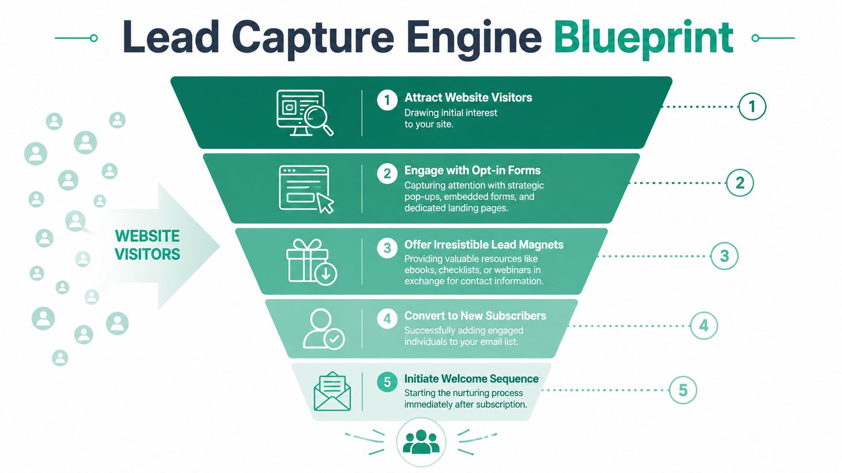 A five-step infographic showing the lead capture engine blueprint for transforming website visitors into email subscribers.