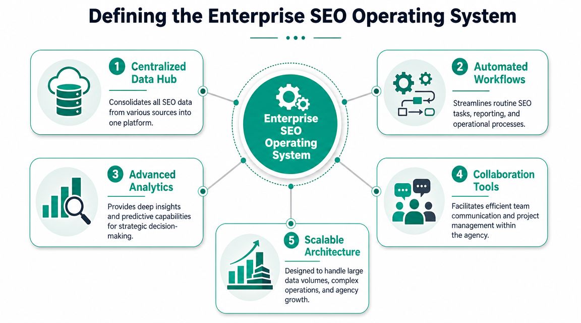 A diagram illustrating the five core components of an enterprise seo operating system for digital agencies.