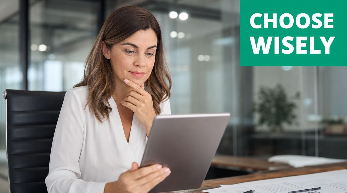 A professional woman in an office setting thoughtfully reviewing information on a tablet computer.