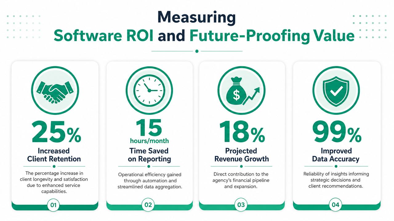 An infographic showing four key performance metrics for measuring software roi and future-proofing agency value.