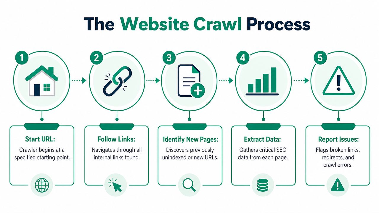 An infographic illustrating the five-step website crawl process for seo analysis, from start url to reporting issues.