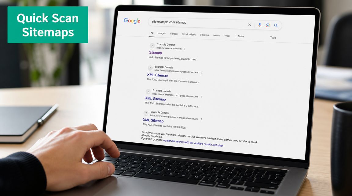 A person using a laptop to perform a google search for site sitemaps on a website.