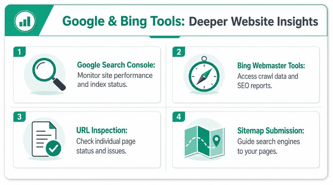 A graphic infographic explaining key google and bing seo tools for monitoring website performance and site indexing.