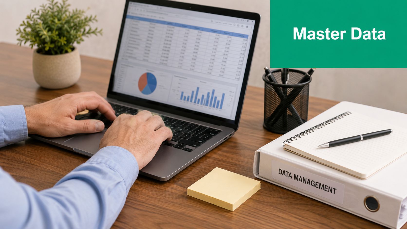 A professional analyzing business data and financial charts on a laptop in a modern office workspace.