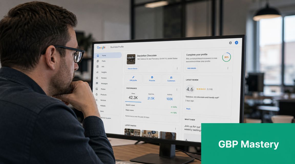 A man wearing glasses sitting at a computer desk viewing his google business profile dashboard.
