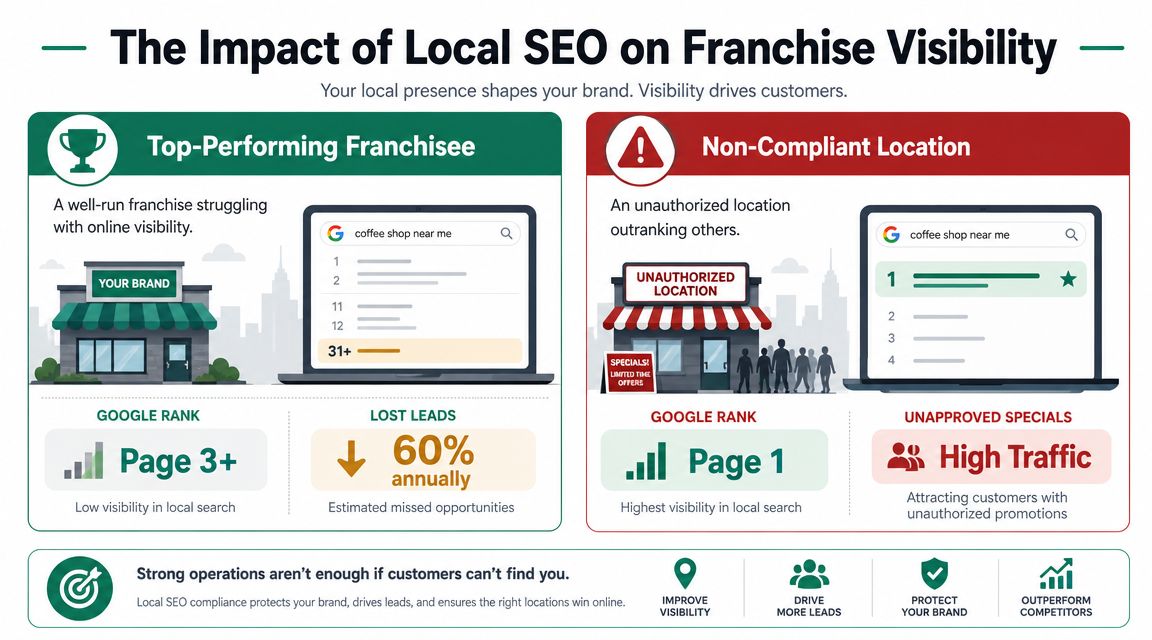 An infographic comparing the local seo performance of a top-performing franchisee versus a non-compliant location.