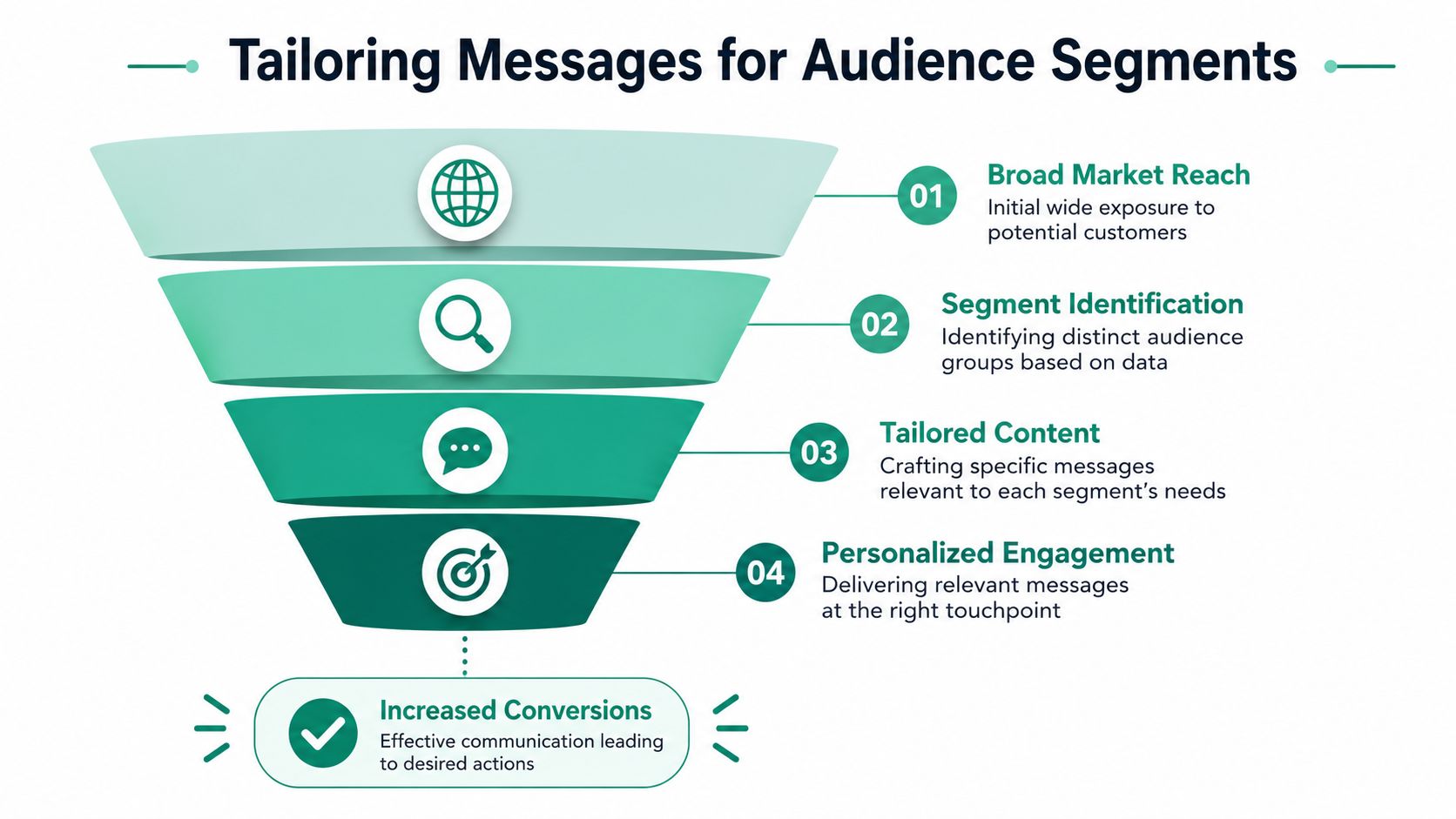 A marketing funnel infographic showing the process from broad market reach to increased conversions through audience segmentation.