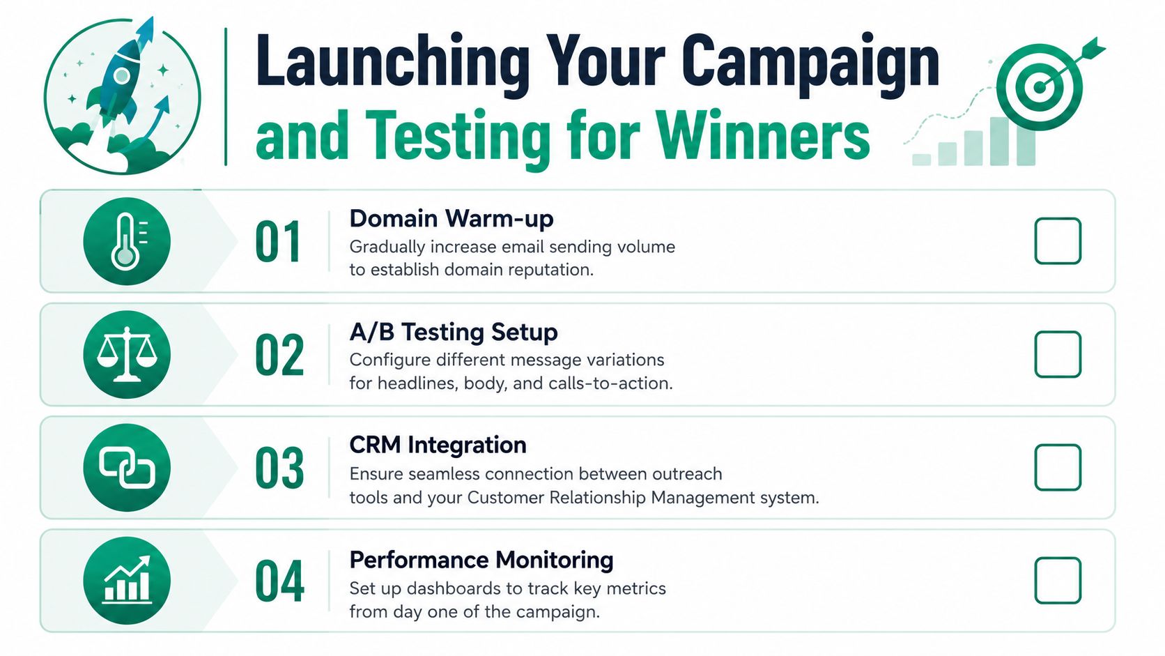 A four-step infographic illustrating best practices for launching and optimizing an outbound b2b lead generation campaign.