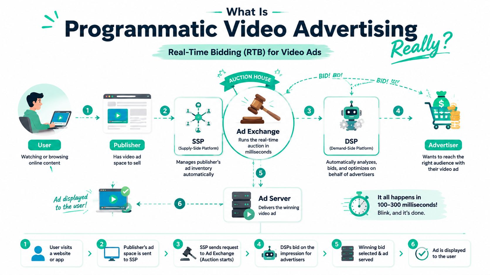 A diagram illustrating the step-by-step process of real-time bidding in programmatic video advertising from publisher to user.