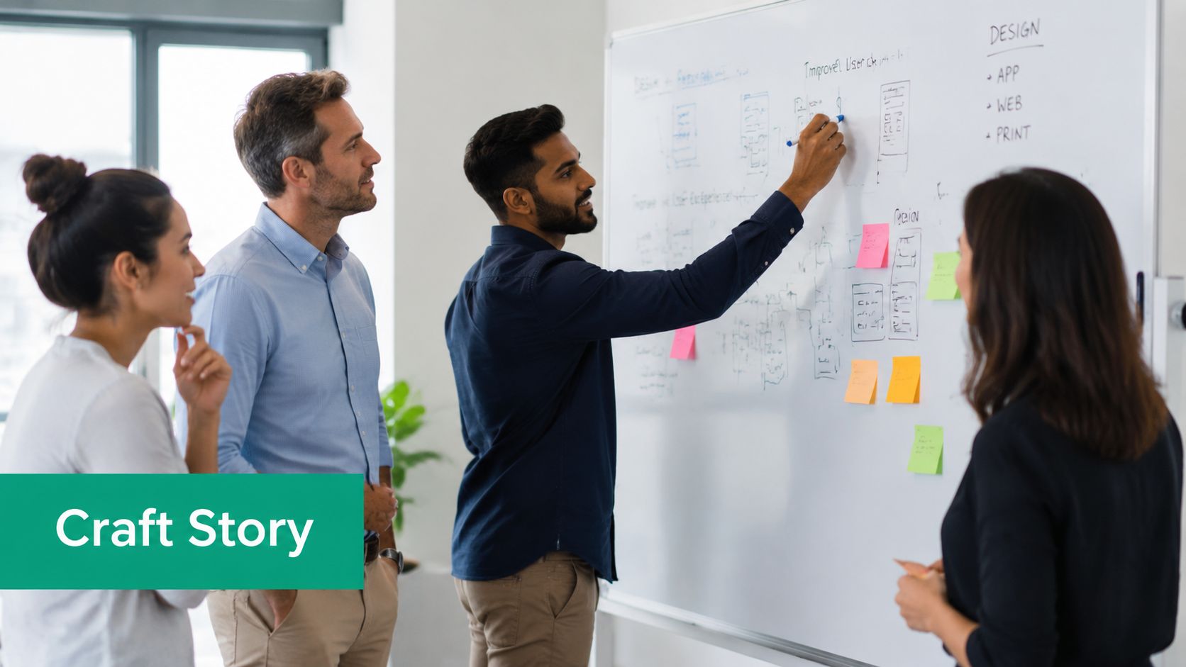 A diverse team of professionals collaborating and brainstorming design ideas on a whiteboard in a modern office.