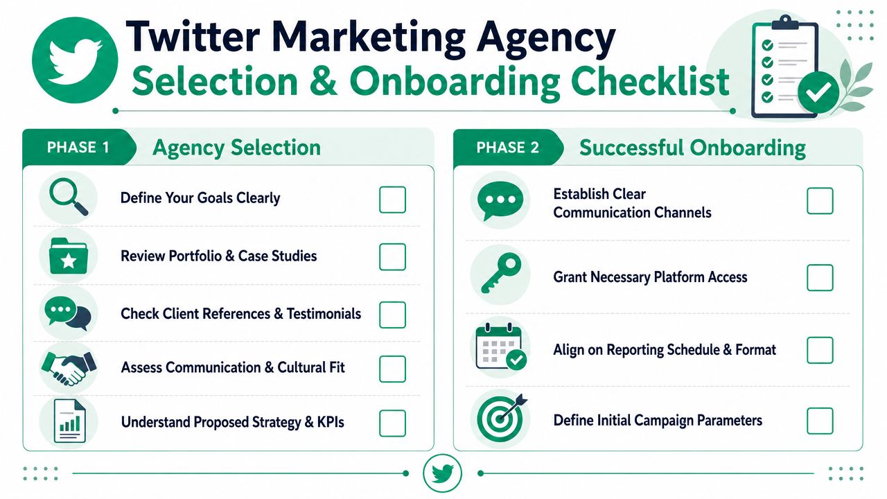 A checklist infographic titled twitter marketing agency selection and onboarding outlining key steps for business success.