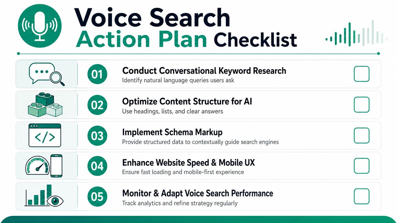 A five-step infographic checklist for voice search optimization strategies including conversational research and technical website improvements.
