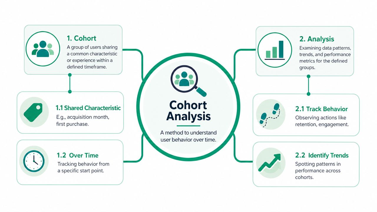 A diagram illustrating the concept of cohort analysis, detailing its core definitions, metrics, and behavioral tracking components.