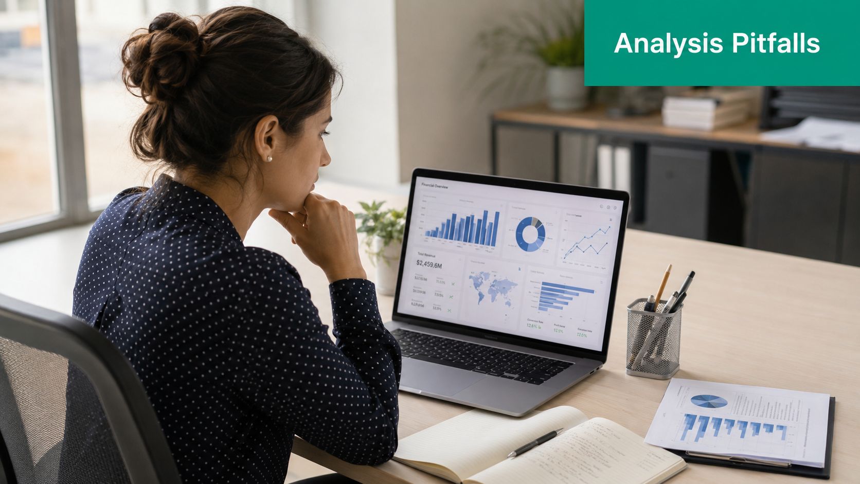 A professional woman analyzing financial data charts on her laptop screen in a modern office workspace.