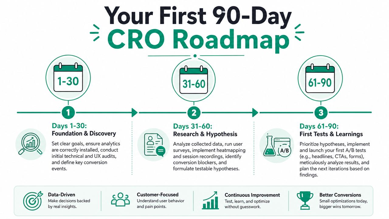 A 90-day conversion rate optimization roadmap infographic divided into three phases of discovery, research, and testing.