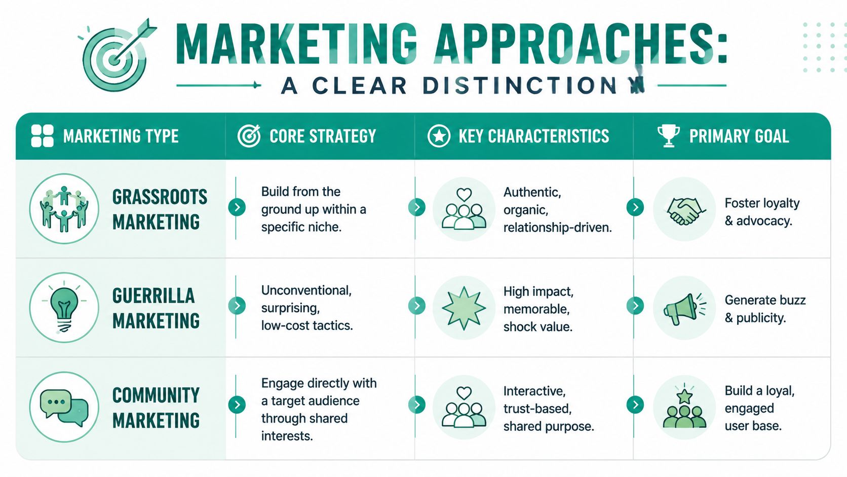 A table comparing grassroots, guerrilla, and community marketing strategies, detailing their core focus, characteristics, and primary goals.