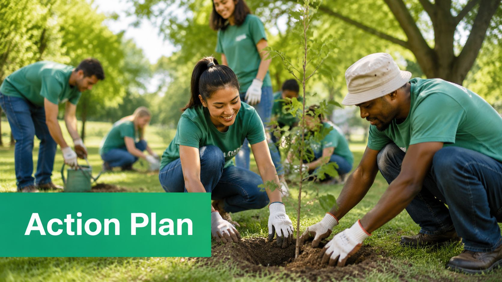 A diverse group of volunteers planting a young tree in a park for a community environmental project.