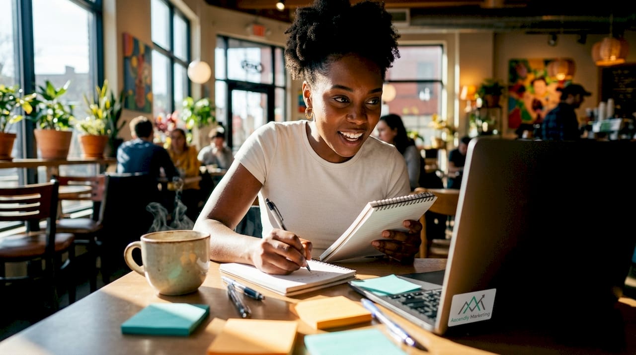 Side profile of woman writing content notes