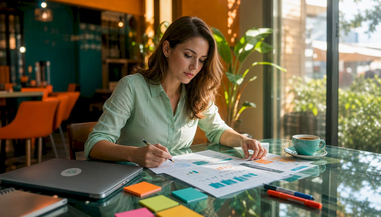 Business owner reviewing AI service documents