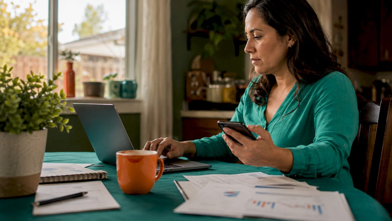 Woman using AI tools in home office