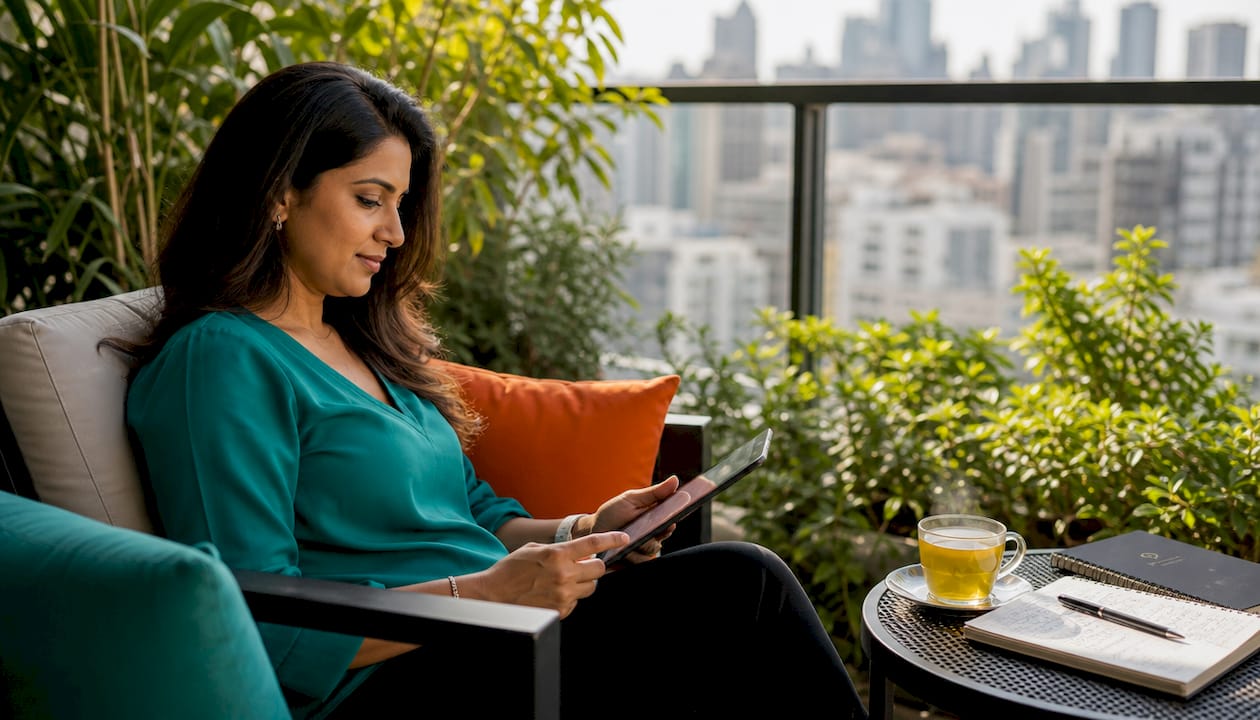 Woman reviewing client visibility branding materials