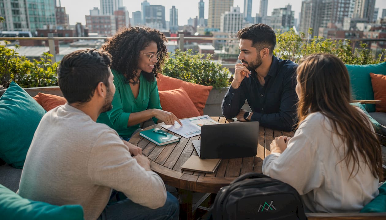 Marketing team collaborating in bright office