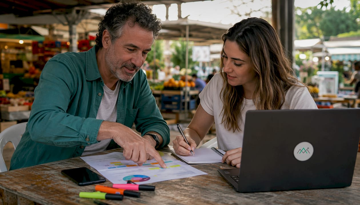 Two people discussing local marketing plans