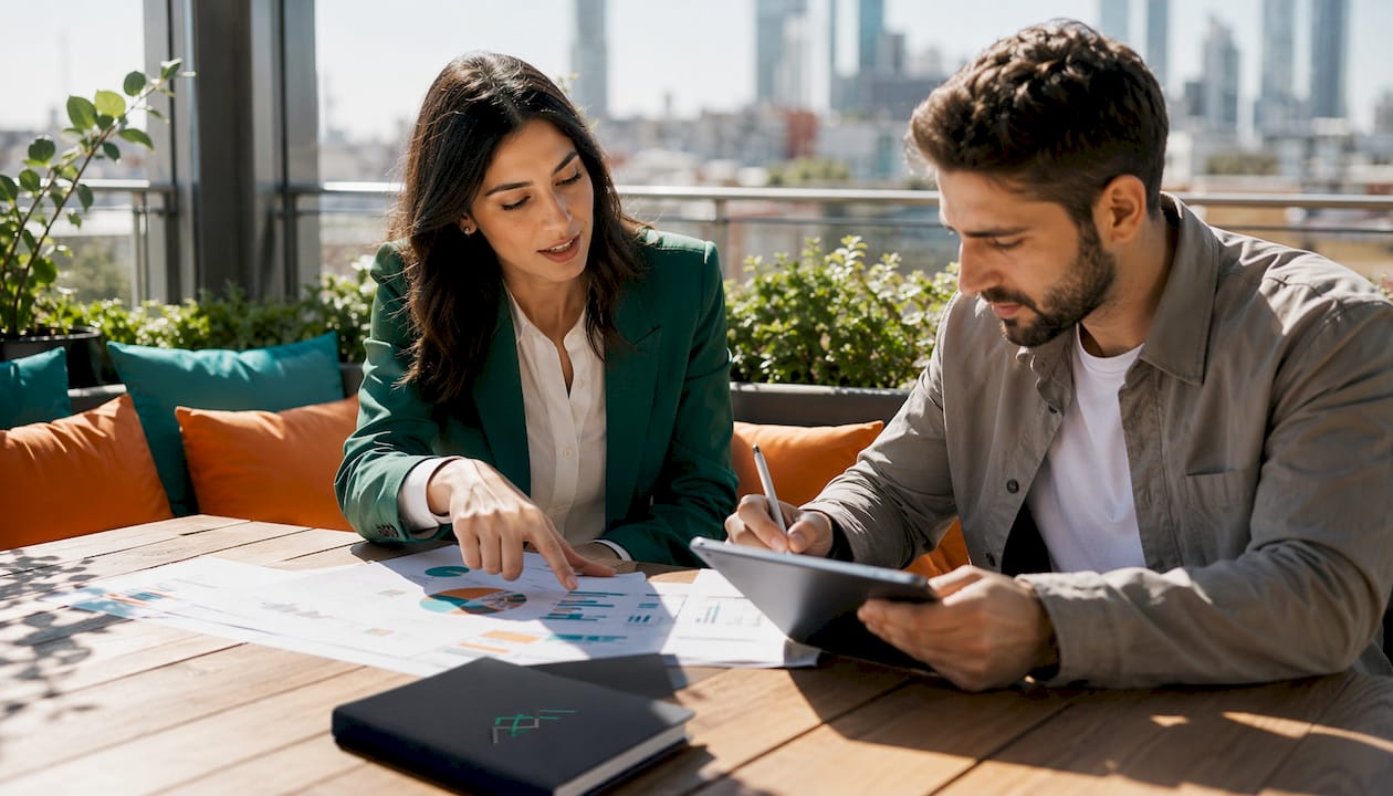 Two professionals discussing competitor analysis charts