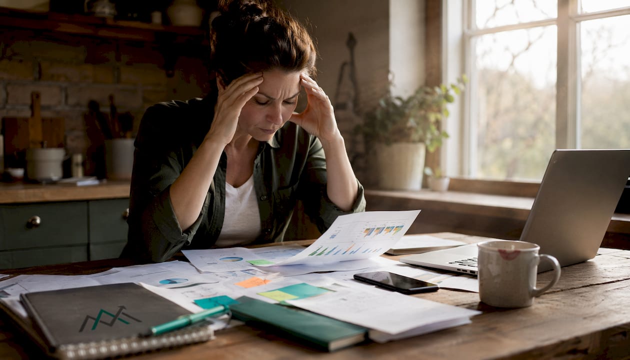 Stressed business owner reviewing marketing errors